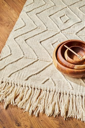 Generisch Hand-Web-Teppich vorleger Kelim Teppich 75 x 150 cm. aus echter hochwertiger Naturwolle, geeignet für Schlafzimmer Esszimmer Kinderzimmer Büro -cremeweiß