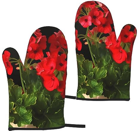 Ofenhandschuhe, rote Geranien, Backhandschuhe, 2er-Set, hitzebeständige Küchenhandschuhe, Damen und Herren, zum Kochen, Grillen, Grillen, Mikrowelle