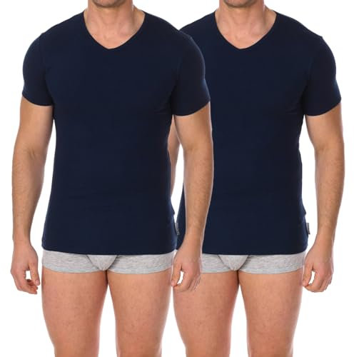 Bikkembergs 2er-Pack Unterwäsche-T-Shirts mit V-Ausschnitt – Herren – Stretch-Baumwolle (Blau XL)