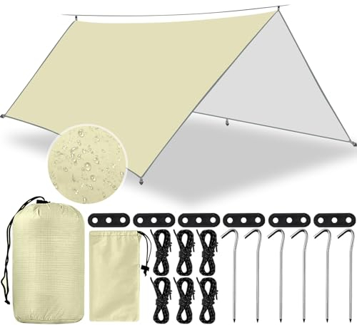 GUHAOOL Toldo de Refugio Impermeable, 3X3M Toldo Camping Tienda de Campaña Tarp Impermeable con 6 Cuerdas + 6 Clavos de Tierra + 2 Bolsa de Guarda, Portabilidad, para Vivac, Playa, Hamaca, Furgoneta