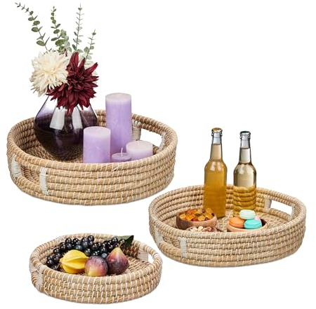 Relaxdays Serviertablett 3er Set, Esstablett mit Griffen, geflochtenes Tragetablett aus Seegras, hoher Rand, rund, Natur