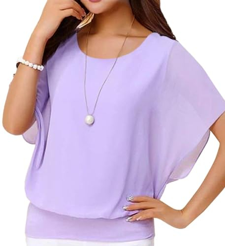 Neineiwu Oberteil Damen Elegant Batwing Bluse Shirt Kurzarm Tunika Blumen Rundkragen Sexy Rüschenbluse Party Outfit Elegante Oberteile, Lila, S