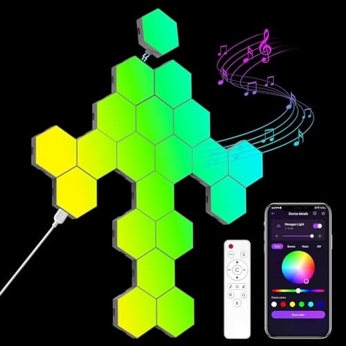 Kimimara Hexagon RGB LED Panel – Lampada da Parete Esagonale per Gaming, Smart Panel Luci Musica Sinc, Luce Modulare, Regalo per Gamer Room Decorazione (20 Pezzi)