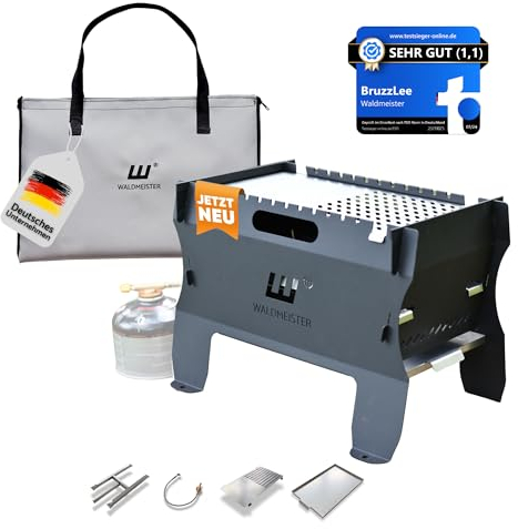 WALDMEISTER BruzzLee mobiler Gasgrill klein [Super-Set] Mini Plancha Grill | Campinggrill klein | Tischgrill | steckbar, leicht und tragbar - perfekt für unterwegs