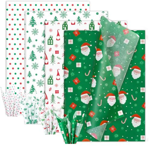 Larcenciel 60 Fogli Carta Velina Natalizia, Clásico Carta Velina Rossa Verde per Sacchetto Regalo, Opaca Carta Regalo di Babbo Natale Albero Natale per Decorazioni Natalizie, Festa, Capodanno,50x35cm