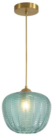 KCO Lighting Grünes Glas Pendelleuchte Gold Globe Pendelleuchte Bauernhaus gestreifte Glas Pendelleuchte Mid Century Moderne Hängeleuchte Retro Pendelleuchte Leuchten