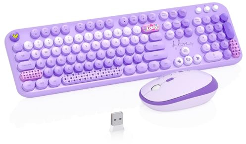 Wireless Keyboard and Mouse Combo, 104 Keys Cute Colorful Keyboard and Mouse with Retro Typewriter for PC/Mac/Laptop/Tablet/Computer/Windows Microsoft, Purple