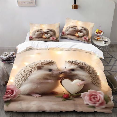 Ruiqieor Bettwäsche 155x220cm,Niedlicher Igel Motiv Bettwäsche-Set Baumwolle Mikrofaser 1 Bettbezug + 2 Kopfkissenbezug 80x80cm mit Reißverschluss(#11)