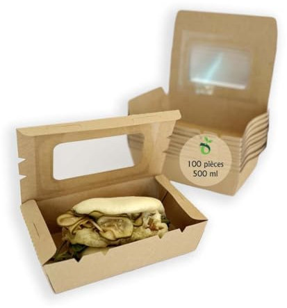 ECOPICNIC Lot de 100 Lunchbox en Kraft 500 ML avec Couvercle Transparent | Boîtes Alimentaires en Carton Kraft jetables pour Repas à emporter, barquettes écologiques Pratiques