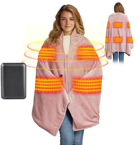 Heated Blanket Battery Operated 75 x 35.5 Soft Cordless Heated Blanket Shawl Portable Heated Throw Blanket Poncho Wraps Fast Heating with 3 Heat Levels 6 Heating Zones