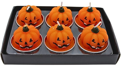Dekohelden24 Teelicht - Kerzen, Figurenkerze, Herbstkerze, Halloweenkerze, Halloweendeko, Teelichtkerzen als Kürbis als 6er Set in orange, Lieferumfang 6 Kerzen, Maße je Kürbis 4 x 4 x 4 cm.