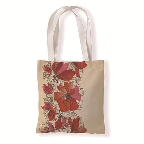 Jutebeutel Elegante Rote Blume Stoffbeutel Canvas Wiederverwendbare Beuteltasche Damen Kinder Büchertasche Einkaufsbeutel mit Henkeln Stofftasche Waschbar Tote Bag 33x37 cm
