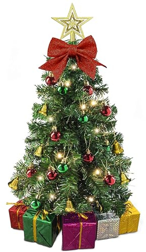 Small Christmas Tree with Lights - 23 Inch Mini Tabletop Christmas Tree with Warm-White LED Lights, Hanging Ornaments, Decorative Bow and Gift Boxes - Prelit Table Tree for DIY Christmas Decoration