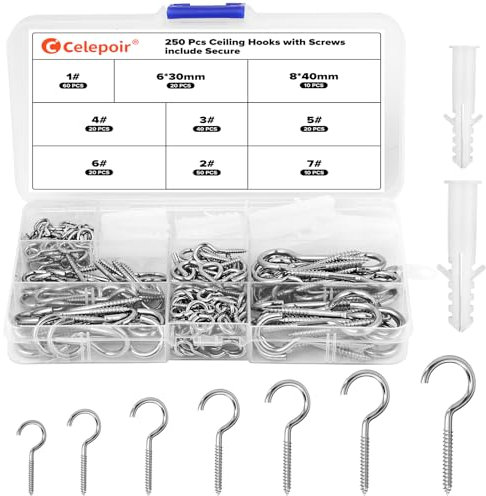 Celepoir 220 Stück Metallhaken zum Schrauben Set, 7 Größen Schrauben & 30 Dübel, Silbrig Deckenhaken mit Gewinde, Hakenschrauben mit Dübel, Hakenschrauben für Hängende Pflanzen Teetassen Schlüssel