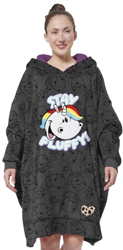 United Labels Pummel & Friends Oversize Hoodie Decke mit Ärmeln und Kapuze für Damen, Schwarz, Pummeleinhorn, Kuschelpullover Einheitsgröße, Flauschiger Deckenpullover