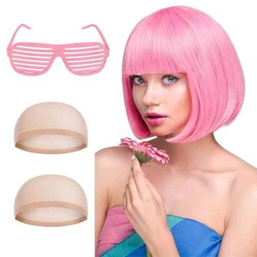 TYXHXTF Perruque Rose et Lunettes de Soleil de Fête, Neon Short Bob Perruque avec Bonnets de Perruque pour Le Carnaval Bachelorette Neon Party Favors