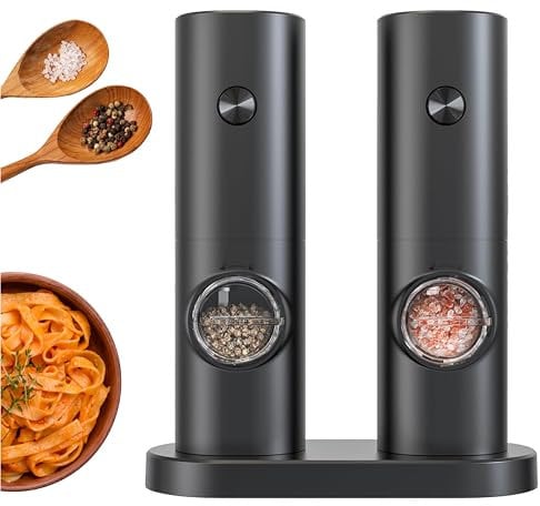 Prestige Reusable Electric Salt and Pepper Grinder Set – Adjustable Coarseness (5 Levels), with Stand & LED Light – Automatic One-Handed Operation, Battery Powered – Kitchen, BBQ & Restaurant Use