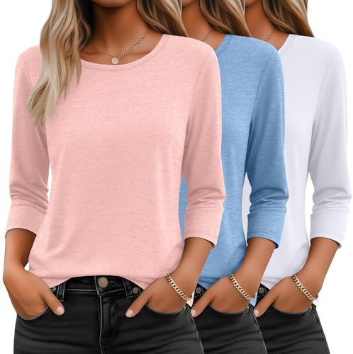 Ficerd 3 Pack 3/4 Sleeve Tops for Women Basics Crewneck T Shirts | Ladies Three Quarter Tops, Dressy Casual Tees S-2XL, Loose Fit Daily Wear, Fall Elbow Length Outfits, Base Layer Clothes