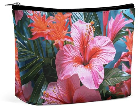 Makeup Pouch Cosmetic Bag Lipstick Pink Flower Tropical Plant Printed Organizer Portable Toiletry Zipper