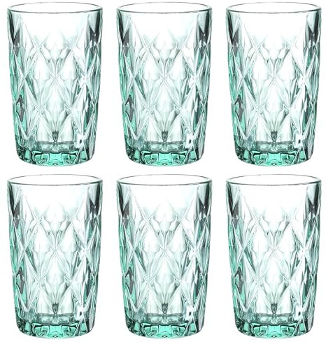 Vintage 6er-Set Farbige Weingläser und Trinkgläser mit Diamant Muster (Rombus) Longdrinkgläser, Cocktail Gläser mit Prägung, Glas, Trinkglas, Weinglas, Wasserglas, Glaskelche (Türkis Trinkglas)