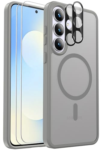 Ezanmull für Samsung Galaxy S25 FE Hülle Magnetisch Stoßfest, 2 Glas Bildschirm Schutzfolie + 2 Kamera Objektiv Schutzfolie, Transparente Anti-Fingerabdruck Hülle für Galaxy S25 FE (Grau)