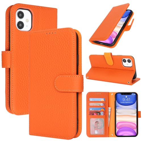 Zouzt Leather Wallet Case for iPhone 11 (6.1), 4 Card Slot, Orange | Genuine Leather, Card Holder, Shockproof TPU Shell, Magnetic Closure, Protective Flip Folio Phone Cover, For Women Men