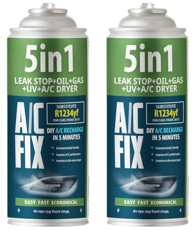AC FIX 5 en 1 – R1234yf x2 Refrigerante para aire acondicionado de coche con aceite, sellador, tinte UV y desecante. Aplicación rápida. Protege el compresor.