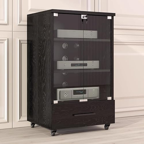 PP-Vic Stereoschrank Aus Massivholz Mit Glastür Medienständer Audio-Rack Mit Rädern Stereokomponenten-Aufbewahrungsschrank AV-Schrank Mit Projektor DVD-Player Spielkonsole Kabelbox,97cm Black