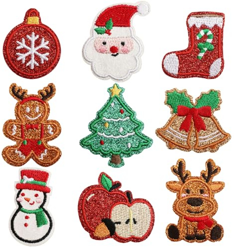 LYNSAN 9 Stück Weihnachten Flicken zum Aufbügeln Kinder Merry Christmas Patches Dekoration Bügelflicken Weihnachtsdeko DIY Zubehör Glitzernden Geschenk für T-shirt Jeans Hut Junge Mädchen Party