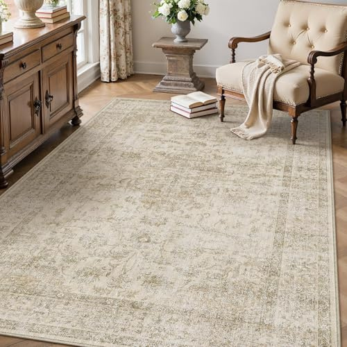 PureCozy Vintage Teppich Wohnzimmer 120x170cm Beige Waschbar Groß Teppiche | Retro Teppich,Waschbar,Rutschfest,Weich Kurzflor,für Schlafzimmer,Esszimmer,Büro Rug
