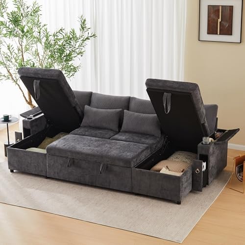 Lahoomu Viersitzer-Schlafsofa in U-Form mit Getränkehalter, Ecksofa mit Stauraum und Schlaffunktion，Inklusive Getränkehalter und Kissen，Multifunktionales Sofa für Wohnzimmer/Wohnung, Gray