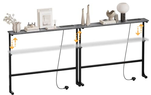 Luxstein 2 Pack Slim Console Table, 200cm Height Adjustable Behind Sofa Table with Charging Station for Hallway, Entryway, Living Room, Grey