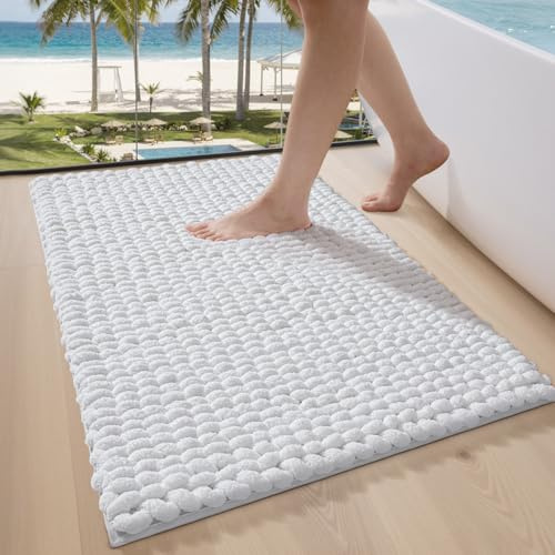 LUMI Chenille-Badematte, rutschfest, Saugfähig, Weich, Weiß, 40 x 60 cm | Extra Dicke Plüsch-Badteppich, Waschbar Schnelltrocknend, Kuschelige Badezimmerteppich, für Badewanne, Waschbecken Waschküche