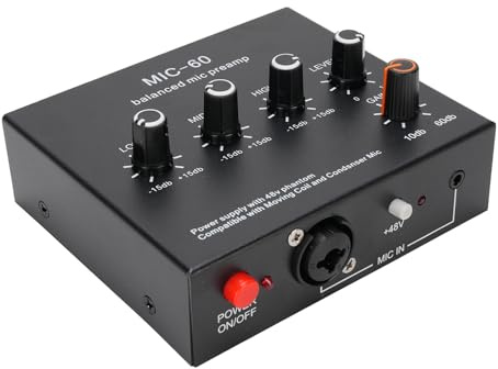 BTOSEP Amplificatore di guadagno preamplificatore per microfono dinamico e a condensatore con alimentazione da 48 V, ideale per studi domestici e podcasting, alloggiamento in alluminio nero (con cavo