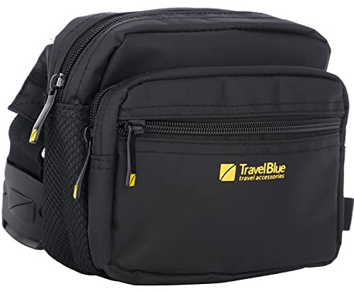 Travel Blue Bauchtasche Damen & Herren – Gürteltasche Damen mit 3 Reißverschlussfächern, Hüfttasche Verstellbarer Gurt, Kompakt & Quadratisch, Ideal für Pässe, Geld, Sonnenbrillen, 100% Nylon