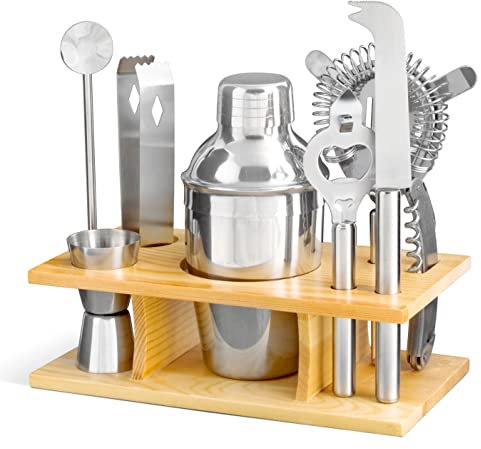 Cocktail Set Boston Shaker Glass Twisted Bar Spoon Hawthorne Strainer Double Ended Measure Strainer Wood Muddler Muddling Thimble - App full of great cocktail recipes Link Included