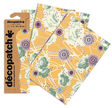 Décopatch C708O - Une pochette de 3 feuilles de papier imprimé 30x40 cm, Vintage orange