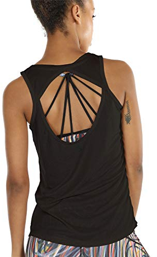 icyzone Damen Yoga Sport Top Rückenfrei Fitness Shirt Ärmellos Leichte Training Tank Tops (XL, Black)