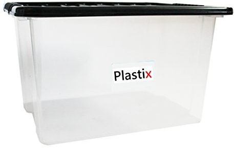 Plastix Clear Plastic Storage Box Boxes With Black Lids Home Office Stackable UK Made (3, 30L)
