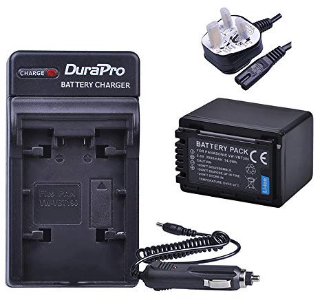 DuraPro 1Pc 3900mAh VW-VBT380 VBT380 VW-VBT190 VBT190 Battery + AC Wall/Car Charger for Panasonic HC-V110, HC-V130, HC-V160, HC-V180, HC-V201, HC-V250,HC-V260,V720 V750 V770 V777 VX870 VX980 VX989