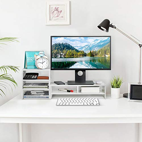 SOULONG Monitor- und Computerhalterung aus Spanplatte für Bildschirmerhöhung + 3 Lagen Aufbewahrungsregale (weiß)