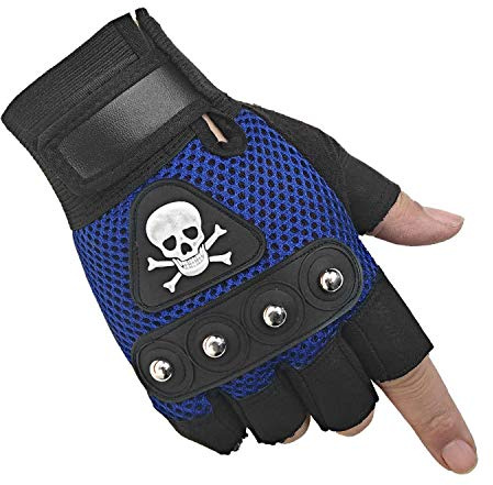 SZTLKHH Men's Punk Rock Biker Gothic Skull Gloves Motorcycle Skeletal Rivet Cycling Driving Fingerless Mitten (Blue)