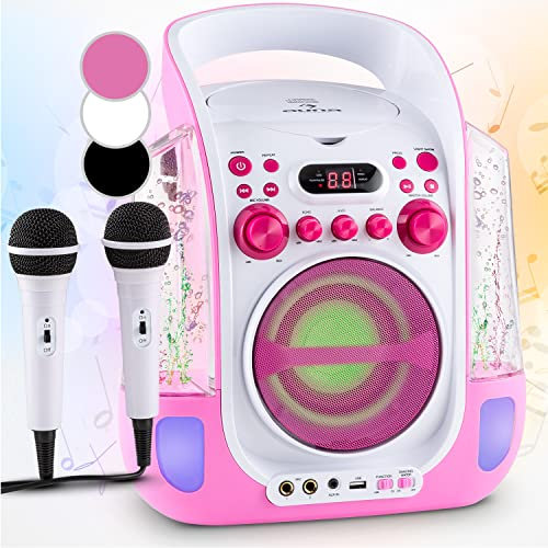 AUNA Kara Liquida - Appareil karaoké, Systeme Karaoke Complet, Effet Lumineux, Lecteur CD, Port USB Compatible MP3, Sortie vidéo, 2 Microphones, Poignée de Transport, 2 entrées Jack - Rose