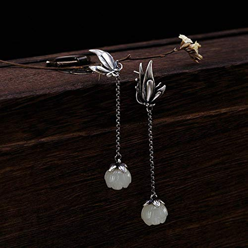 Thumby Ohrstecker Ohrhänger Ohrhänger Jade Ohrstecker S925 Sterling Silber Inlay Hetian Weiß Jade Lotus Ohrringe Damen Schmuck Lange 6 cm für Partys, Feste, Casual