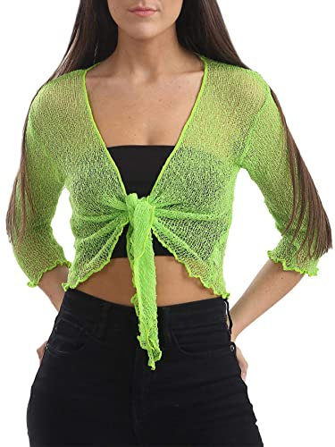 Love My Fashions® Women’s Fish Net Knitted Tie Up Bolero Shrug Top Ladies 3/4 Sleeve One Size Fits All Lime Green