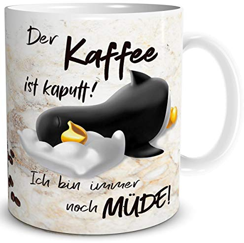 TRIOSK Pinguin Tasse Kaffee Kaputt mit Spruch lustig Coffee Geschenk für Arbeit Büro Frauen Freundin Kollegin Chef Pinguinliebhaber, Keramik 300ml
