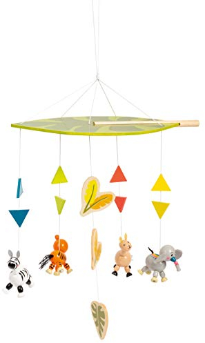 small Foot 11454 Mobile Jungle aus Holz, mit niedlichen Tier-Figuren, die an einem Blatt baumeln, für Baby-Bettchen