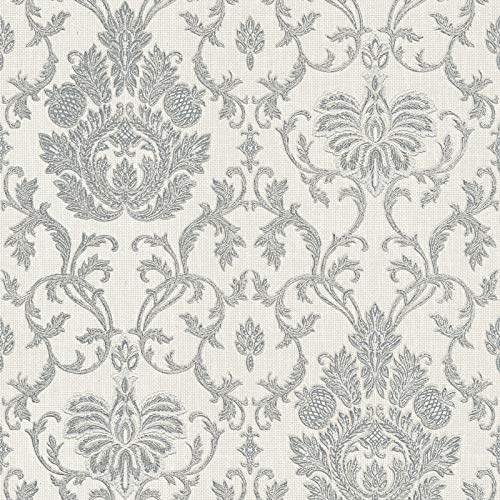 Silber Glitzer Tapete | Graue Barock Tapete ideal für Esszimmer und Wohnzimmer | Elegante Papiertapete mit Vinyl Ornament