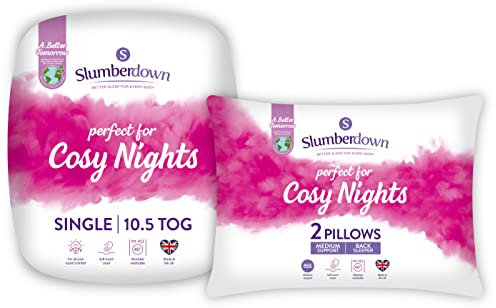 Slumberdown Cosy Nights Single Duvet 10.5 Tog & 2 Pillows Set - Mid-Lightweight, Breathable & UK Made Quilt, Ideal for All Seasons, Non-Allergenic & Washable - Complete Bed Set for Cosy Sleep