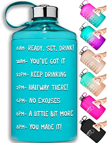 HydroMATE 64 oz 1/2 Gallon Water Bottle Motivational with Time Marker Large BPA Free Jug with Handle Reusable Leak Proof Bottle Time Marked Hydro MATE 64 oz (Bright Turquoise)